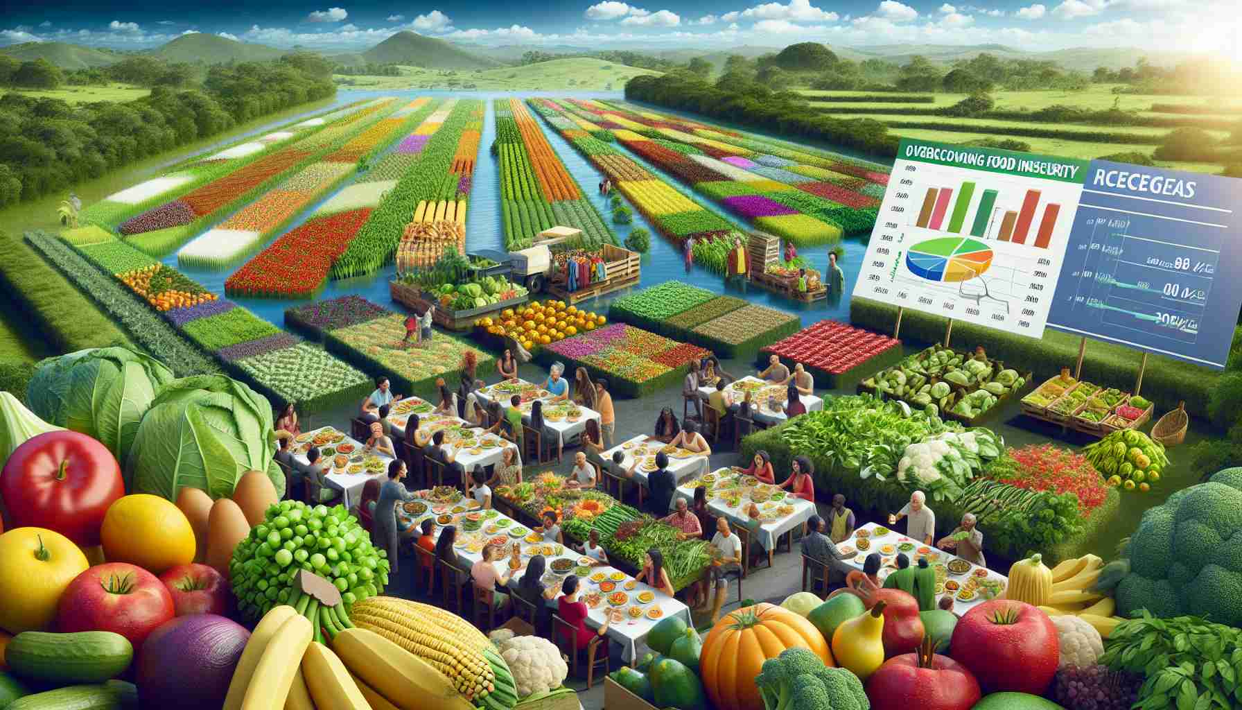 Generate an HD realistic image that illustrates the improvements in overcoming food insecurity in Brazil. The scene can include success stories such as verdant local farming fields abundant in diverse crops, produce markets filled with fresh fruits and vegetables, diverse group of Brazilian people enjoying a bountiful feast, and infographics or charts indicating the reduction in hunger statistics. The overall ambiance should convey a sense of progress and hopefulness.