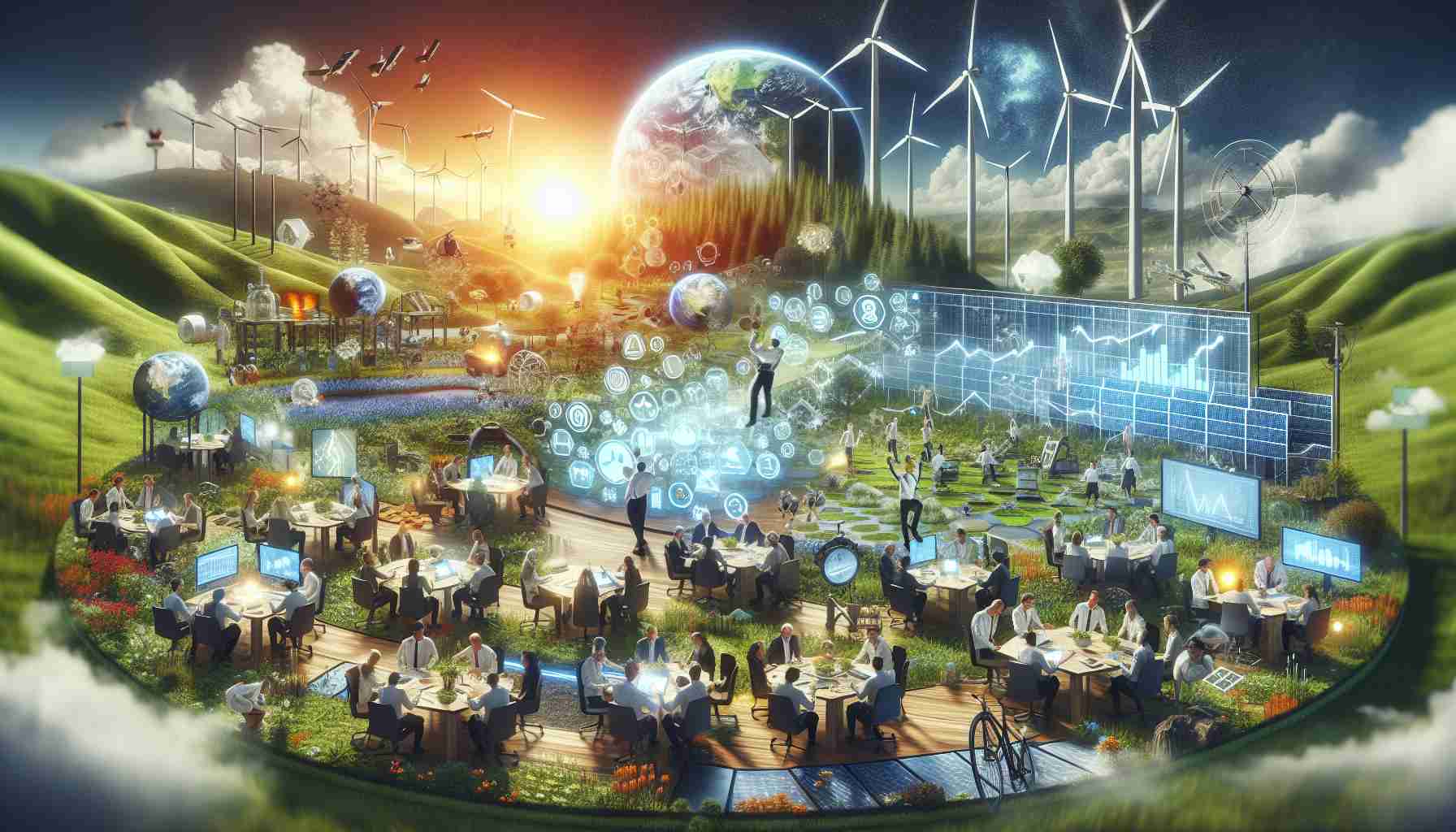 An HD, realistic representation of revolutionary approaches to climate action. The image depicts a dynamic, energetic scene showing multi-disciplinary teams – scientists, engineers, policymakers of various descents and genders – working together, submerged in discussions, and using innovative technology. The environment is earth-conscious with ample greenery, solar panels, wind turbines, and recycling systems. There are charts on screens depicting improvements in environmental health, symbolizing the success of these new, fresh approaches towards climate action.