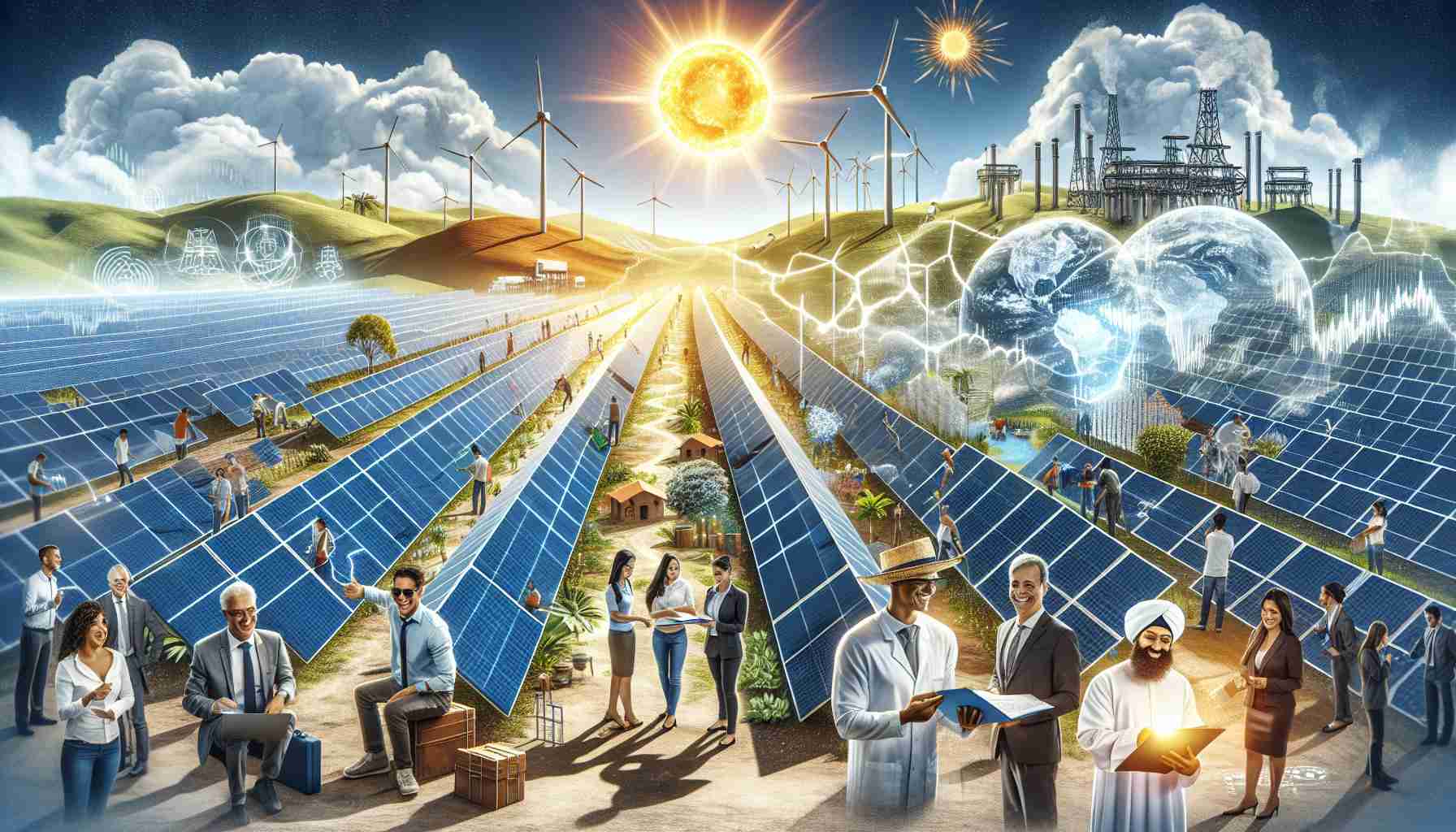 A detailed, high-definition image depicting the challenges and opportunities within Brazil's solar energy market. The image should illustrate solar panels spread across vast lands under bright sunlight, symbolizing opportunities. There should also be elements representing challenges, such as cloud cover or competing energy sources. Depict a diverse range of people involved, like Hispanic engineers maintaining the panels, a White business owner engaged in discussions, a Black scientist researching advancements in solar technology, and Middle-Eastern workers constructing additional panels.