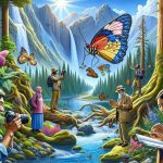 Exquisitely detailed high-definition illustration of a diverse group of people exploring the wonders of nature. There's a Middle-Eastern man examining a colorful butterfly perched on his finger, a South-Asian lady marveling at the crystal clear water of a mountain stream, a Black man taking photographs of tall, ancient trees, and a Caucasian woman jotting down observations in her notepad, all surrounded by a dramatic landscape of cascading waterfalls, towering peaks, verdant forests, and an abundance of vibrant flora and fauna.