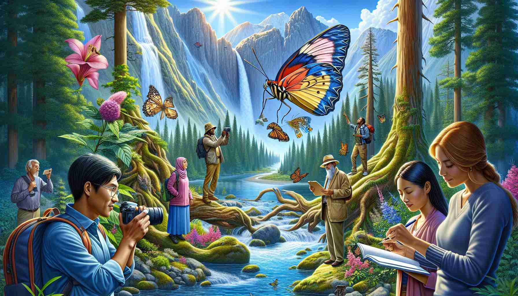 Exquisitely detailed high-definition illustration of a diverse group of people exploring the wonders of nature. There's a Middle-Eastern man examining a colorful butterfly perched on his finger, a South-Asian lady marveling at the crystal clear water of a mountain stream, a Black man taking photographs of tall, ancient trees, and a Caucasian woman jotting down observations in her notepad, all surrounded by a dramatic landscape of cascading waterfalls, towering peaks, verdant forests, and an abundance of vibrant flora and fauna.