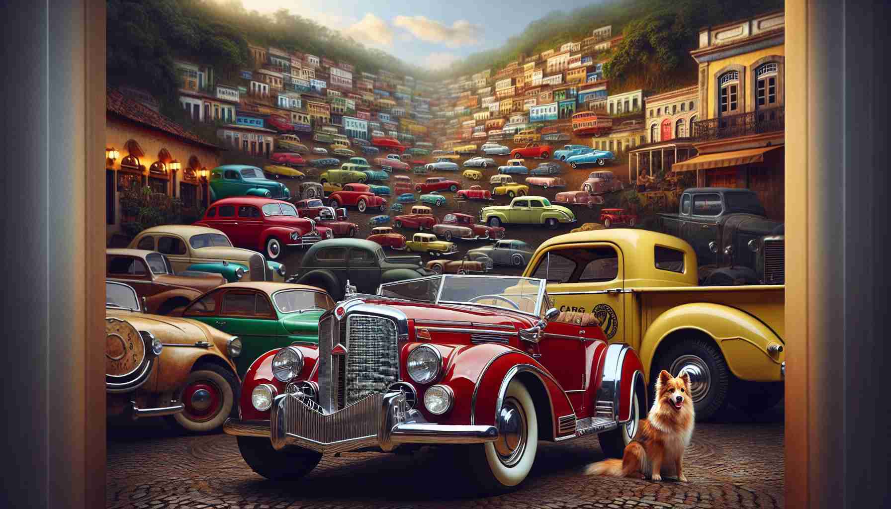 A high-definition, lifelike image showcasing antique Brazilian automobiles. In the foreground, capture a vibrant red open top convertible, its polished chrome details reflecting light beautifully. A little further away, parked by a charming café, place a shining yellow pickup truck, with its faded decal badges showcasing its years of service. In the backdrop, spread an array of diverse vintage cars conveying a mosaic of colorful elegance. Faintly, include the nostalgic sounds of these engines rumbling, the distant chatter from the café, and a dog barking.