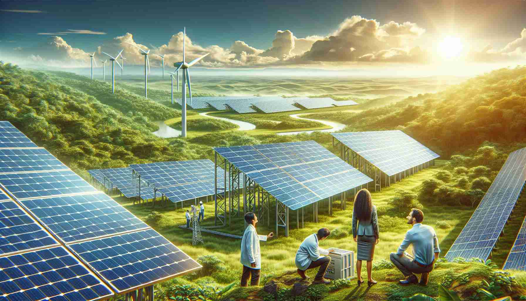 Create a realistic, high-definition image portraying the revolution of solar energy in South America. A vast solar farm could be spread across the verdant plains with large sets of photovoltaic panels gleaming in the strong sunlight. We could see electrical engineers, a Hispanic man and a South Asian woman, inspecting and adjusting the panels. There might be some locals, a black woman and a Middle-Eastern man, marveling at the sight while their children, of mixed Latinx and Caucasian descent, play in the safe designated areas. The backdrop should be the intricate blend of lush greenery and blue sky.