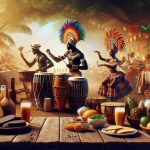 Create a high-definition, realistic image that depicts the exploration and celebration of Afro-Brazilian heritage. The scene should be vibrant, portraying various aspects such as traditional Afro-Brazilian dance, cuisine, clothing, and music. In the foreground, a black male playing traditional percussion and a black female dancing in colorful traditional attire can be seen. In the background, an array of Afro-Brazilian cuisine spread over a rustic wooden table should be visible.