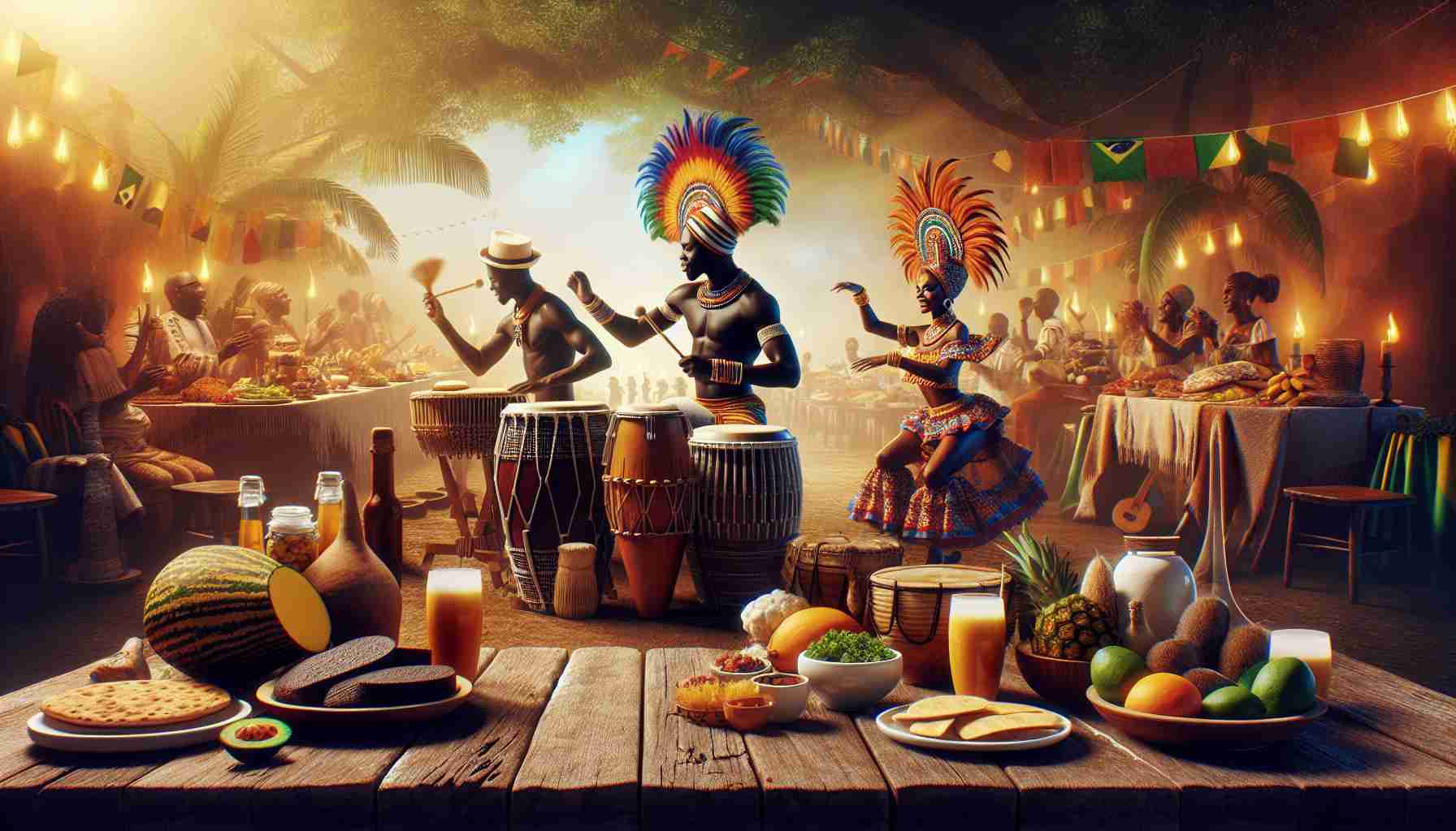 Create a high-definition, realistic image that depicts the exploration and celebration of Afro-Brazilian heritage. The scene should be vibrant, portraying various aspects such as traditional Afro-Brazilian dance, cuisine, clothing, and music. In the foreground, a black male playing traditional percussion and a black female dancing in colorful traditional attire can be seen. In the background, an array of Afro-Brazilian cuisine spread over a rustic wooden table should be visible.