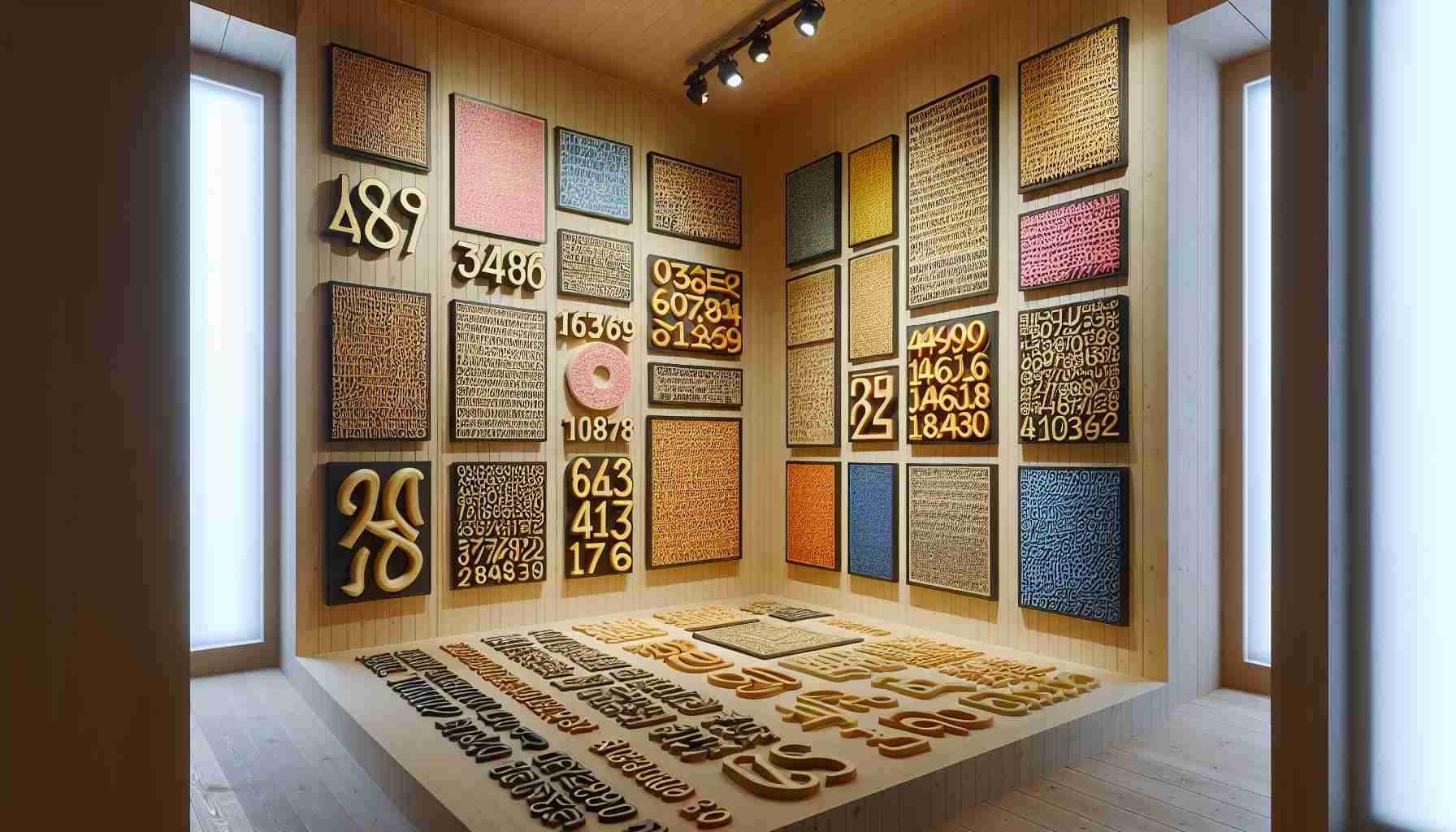 A highly detailed, realistic image showcasing the art of postal codes. The scene might display a variety of postal codes from different countries, each written in diverse calligraphic styles. The postal codes could be in vibrant colours, each carrying its unique aesthetic appeal. The room in which these postal codes are exhibited is filled with soft ambient lighting that enhances the beauty of this unusual art form.