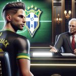 A realistic, high-definition image of an anticipated soccer player's comeback, as envisioned by a club president. The player is a male, in his prime, Brazilian descent and has his hair styled in a trendy fashion. He's dressed in an athletic outfit, looking determined. The scene is set in an extravagant soccer club office, where the club president, an older gentleman with a Caucasian descent, is actively engaged in a press conference. Behind him, a team logo subtly hints at the anticipation of the comeback.