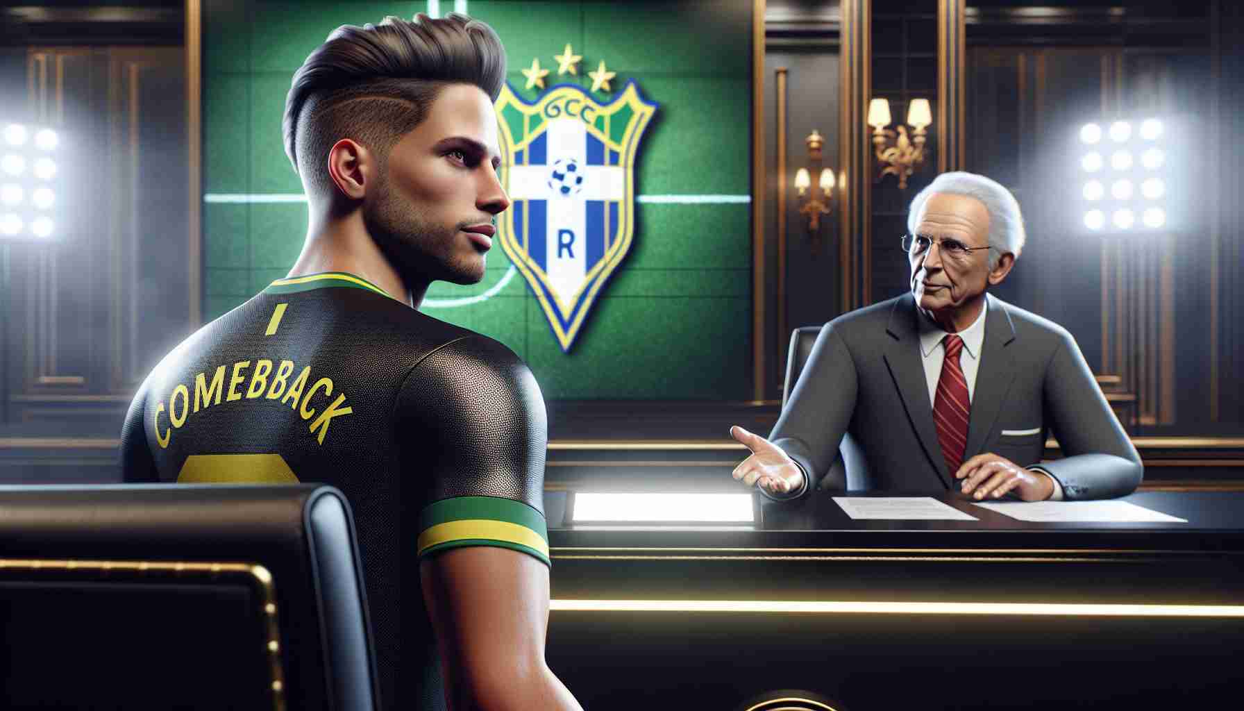 A realistic, high-definition image of an anticipated soccer player's comeback, as envisioned by a club president. The player is a male, in his prime, Brazilian descent and has his hair styled in a trendy fashion. He's dressed in an athletic outfit, looking determined. The scene is set in an extravagant soccer club office, where the club president, an older gentleman with a Caucasian descent, is actively engaged in a press conference. Behind him, a team logo subtly hints at the anticipation of the comeback.