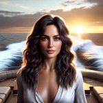 Realistic HD photo of a woman similar to a popular figure who has distinct features like long wavy hair and dark brown eyes. She is embarking on a new journey, sailing on an exquisitely crafted yacht across the mesmerizing expanse of the open sea. The horizon is bathed in the warm hues of the setting sun while sea spray adds a dynamic element to the peaceful scene. The woman is elegantly dressed, expressing both excitement and serenity in anticipation of her new voyage.