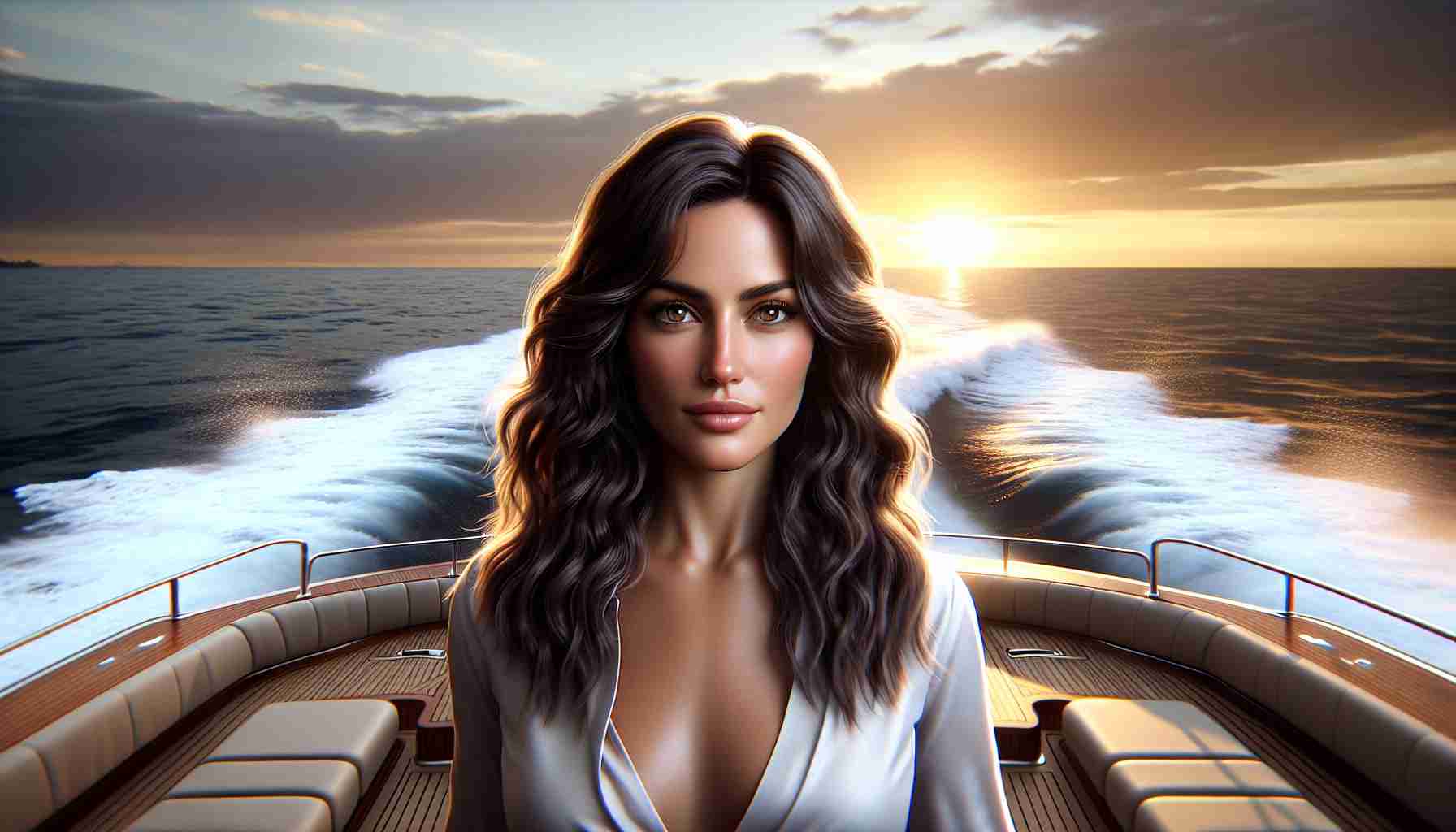 Realistic HD photo of a woman similar to a popular figure who has distinct features like long wavy hair and dark brown eyes. She is embarking on a new journey, sailing on an exquisitely crafted yacht across the mesmerizing expanse of the open sea. The horizon is bathed in the warm hues of the setting sun while sea spray adds a dynamic element to the peaceful scene. The woman is elegantly dressed, expressing both excitement and serenity in anticipation of her new voyage.