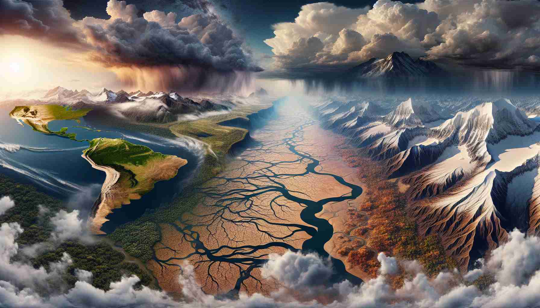 Realistic high-definition image of unique and unusual weather patterns sweeping across the landscape of South America. Picture the Andes mountains, Amazon rainforest, Pantanal wetlands, and Atacama desert, all experiencing distinct changes in weather simultaneously. Storm clouds gather over the Andes, the Amazon is drenched in heavy rainfall, drought dries the Pantanal, and unexpected snow blankets the Atacama. The intensity of these conditions contrasts with the usual weather of these regions.