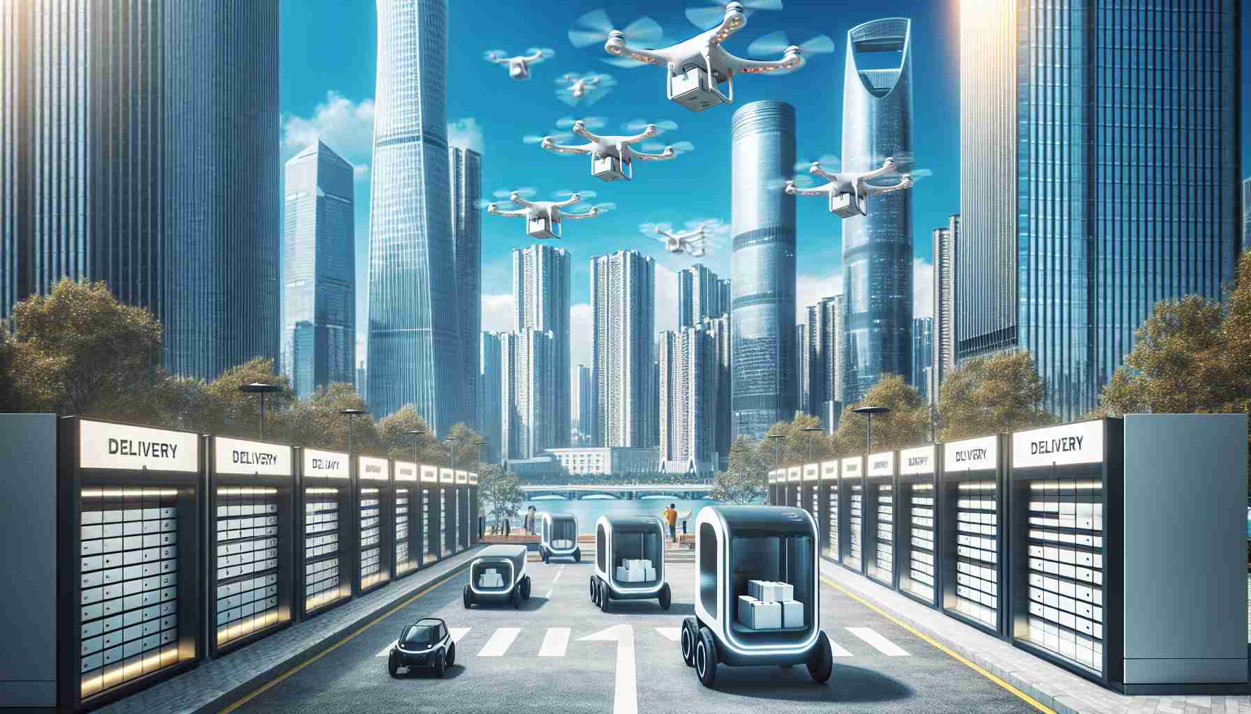 Generate a realistic, high-definition image of fresh, high-technology innovations being used in urban delivery solutions. Imagine drones transporting packages against a backdrop of tall skyscrapers. Self-driving delivery carts navigating bustling city streets. Automated lockers placed centrally for easy delivery and pickup. The image should highlight the advanced technology used to make urban life easier and more efficient.