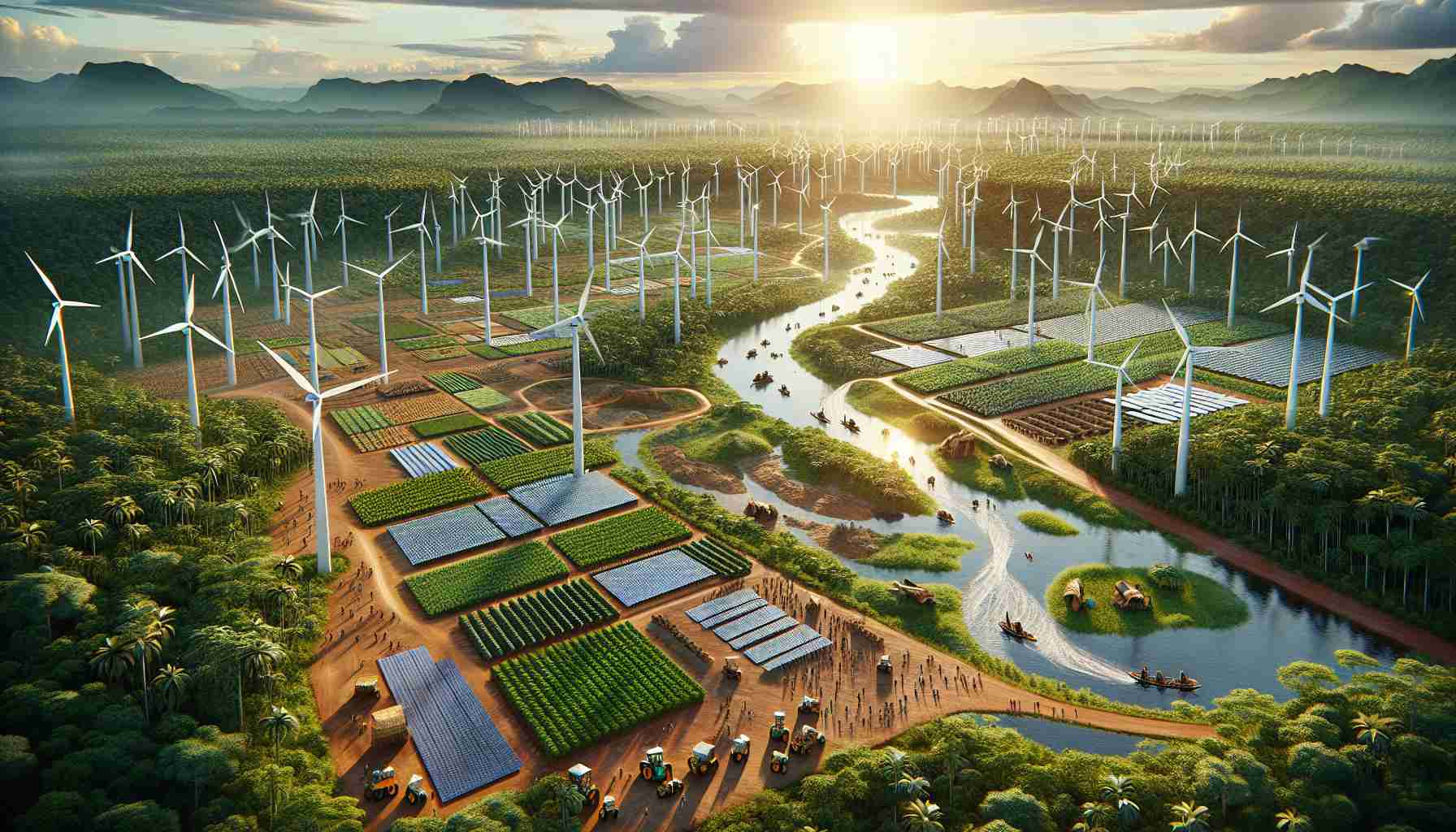 Generate a high-definition, realistic image depicting the expansion of renewable energy in Pará, Brazil. The scene should include broad farmlands dedicated to harvesting crops for bioenergy production, complex arrays of tall and spinning wind turbines, expansive solar panels soaking up the bright sunlight, and flowing rivers optimized for hydropower. The lush Amazon rainforest forms the backdrop, reflecting the respect for nature while harnessing its power for renewable energy. Local people representing various descents and genders are actively participating in the installations and maintenance of these renewable energy infrastructures.