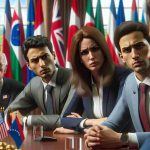 Realistic HD photo depicting a group of unrelated politicians from diverse countries, including a female Middle-Eastern politician and a Caucasian male envoy. They are engaged in a heated, yet civilized discussion about the taxation policies for ultra-high-net-worth individuals. Facial expressions of frustration and dissent are visible yet every individual maintains their diplomatic posture in a formal meeting room setting with flags of diverse nations in the background.