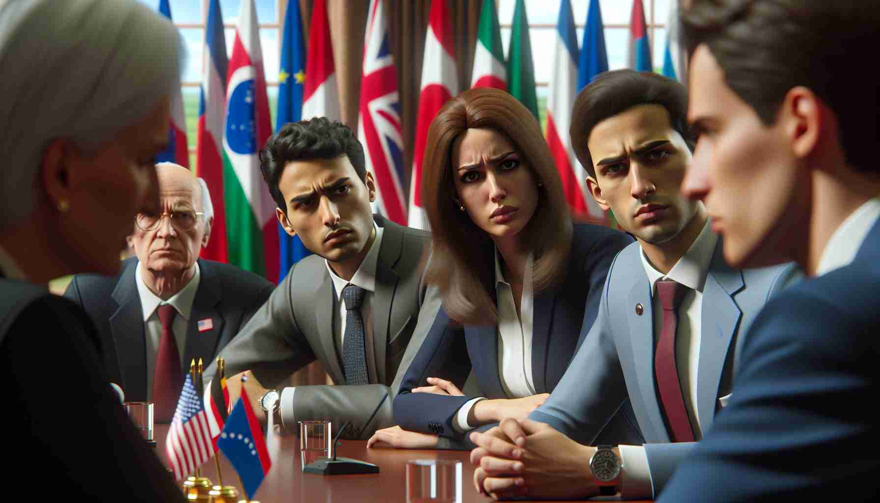 Realistic HD photo depicting a group of unrelated politicians from diverse countries, including a female Middle-Eastern politician and a Caucasian male envoy. They are engaged in a heated, yet civilized discussion about the taxation policies for ultra-high-net-worth individuals. Facial expressions of frustration and dissent are visible yet every individual maintains their diplomatic posture in a formal meeting room setting with flags of diverse nations in the background.