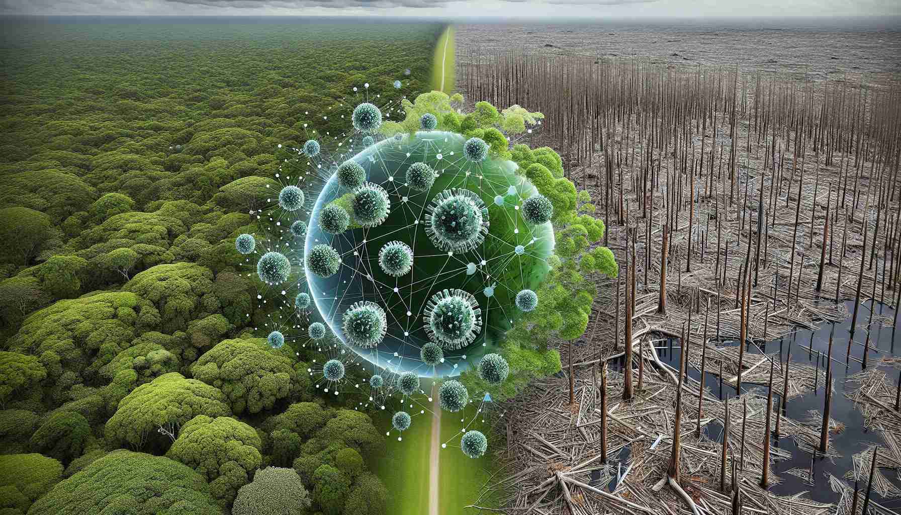 Generate an accurate, highly detailed, and realistic image showcasing the interconnection between arboviruses and deforestation. This visual representation should include a lush, verdant forest on one side gradually being replaced by barren, deforested land on the other. Meanwhile, a tangle of arboviruses, depicted as scientifically accurate and detailed as possible, hovers in the middle showing a gradual increase in density as they move from the forested area to the deforested side, symbolizing their proliferation due to deforestation.