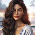 A high-definition, realistic image of a woman of Brazilian descent with long, dark hair. She's finding a new beginning with a beautiful sunrise over the ocean in the background. She exudes a look of hope and determination. She's stylishly dressed in casual clothing suitable for the beach.