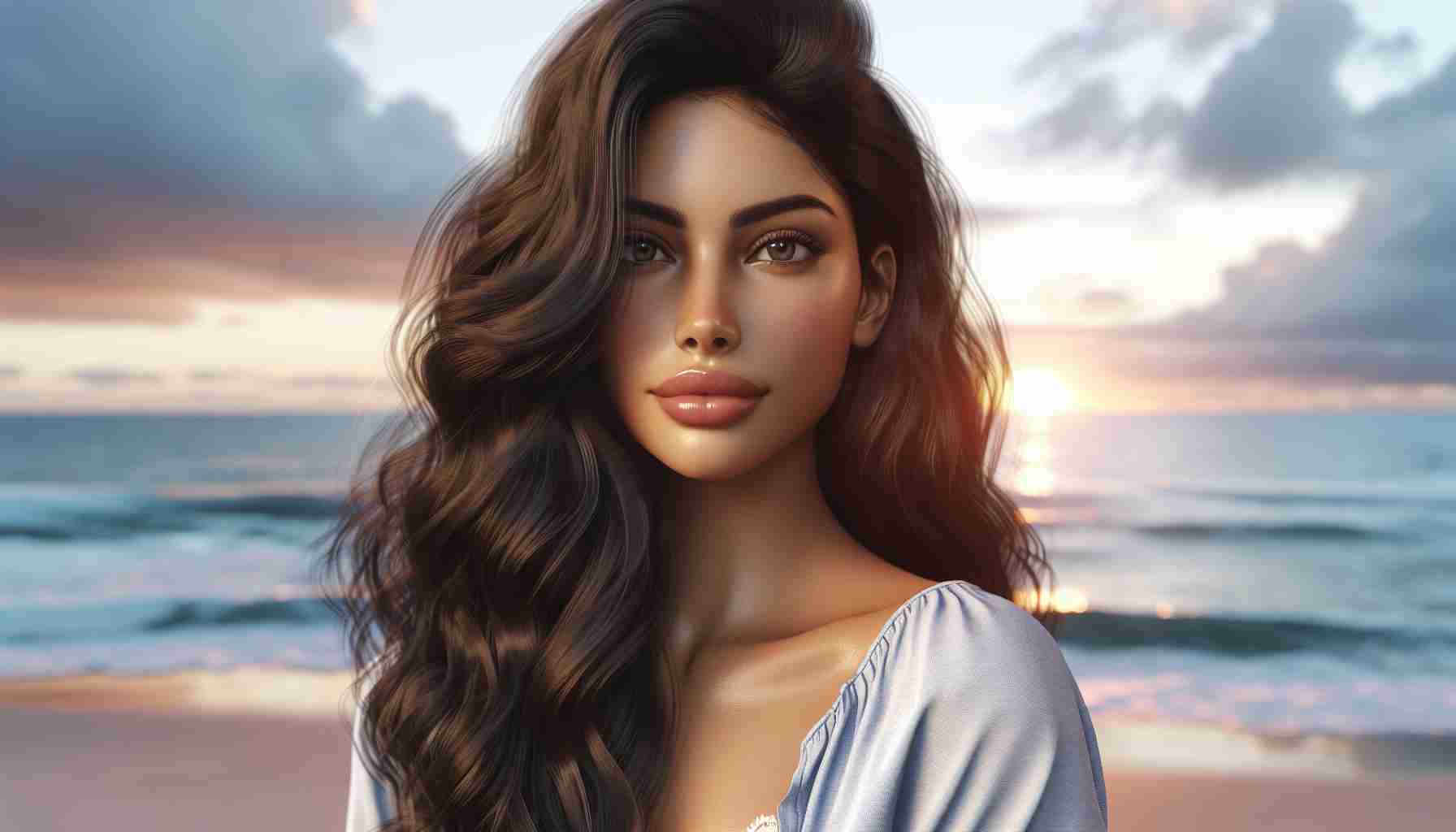 A high-definition, realistic image of a woman of Brazilian descent with long, dark hair. She's finding a new beginning with a beautiful sunrise over the ocean in the background. She exudes a look of hope and determination. She's stylishly dressed in casual clothing suitable for the beach.