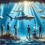 Create a high-detail image that illustrates the concept of 'Shark Secrets: Unveiling Surprising Discoveries'. The scene could depict an underwater setting where a group of marine biologists, of diverse descents and genders, are gathering data from sharks. The scientists are equipped with cutting-edge technology and are in awe as they uncover intriguing information about these majestic creatures. The surroundings are beautifully lit with sunlight refracting through the waters and the sharks, various species of them, move gracefully around the scientists in a calm, non-threatening manner.