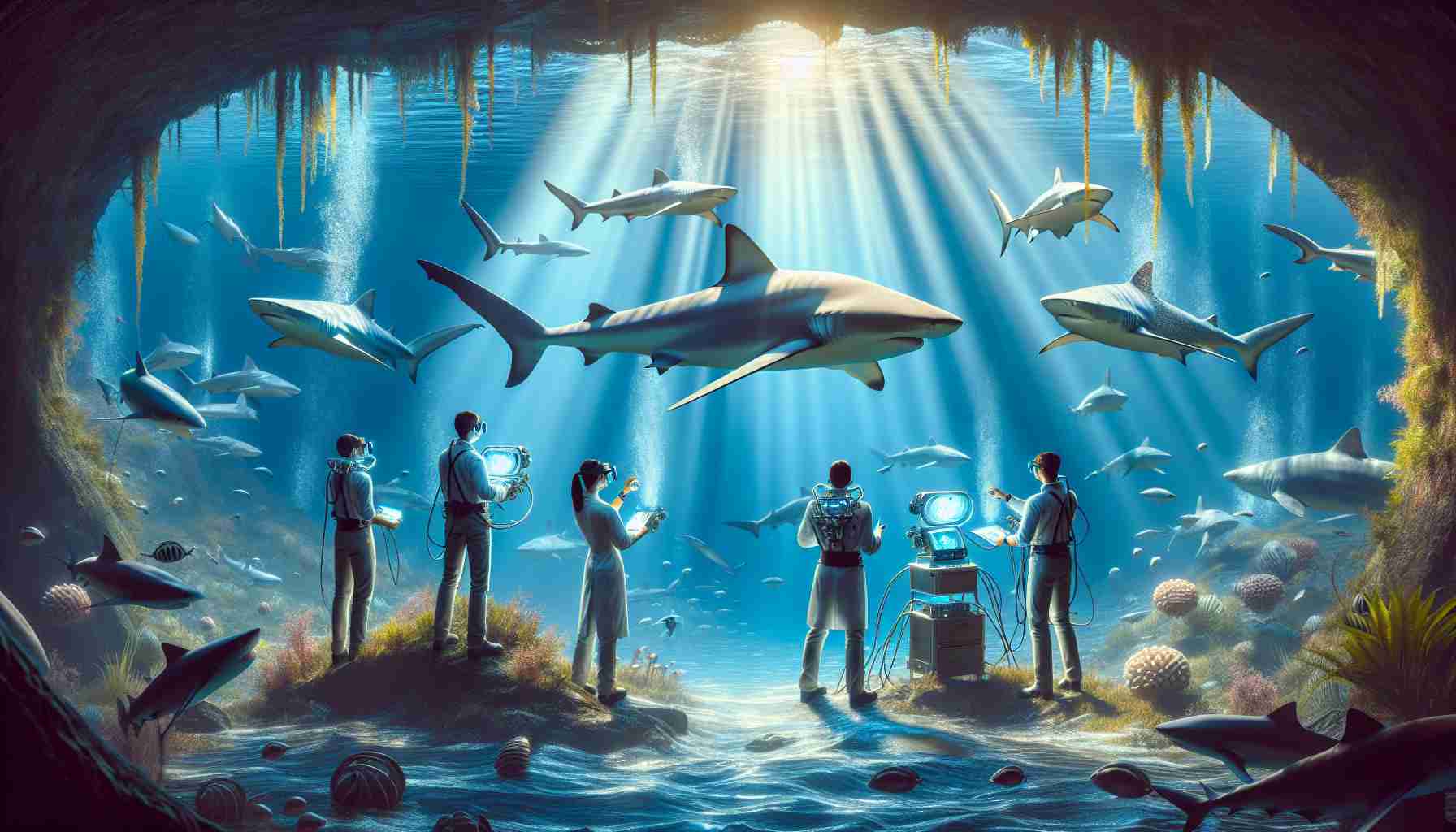 Create a high-detail image that illustrates the concept of 'Shark Secrets: Unveiling Surprising Discoveries'. The scene could depict an underwater setting where a group of marine biologists, of diverse descents and genders, are gathering data from sharks. The scientists are equipped with cutting-edge technology and are in awe as they uncover intriguing information about these majestic creatures. The surroundings are beautifully lit with sunlight refracting through the waters and the sharks, various species of them, move gracefully around the scientists in a calm, non-threatening manner.