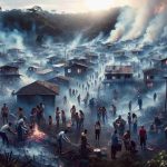 High-definition, hyper-realistic depiction of various communities facing the profound challenge of wildland fires in Brazil. The image shows a rich diversity of people, including Caucasian, Black, Hispanic, Middle-Eastern, South Asian, and White individuals, all working together with a resilience that is both admirable and heartbreaking. They are shown amid smoke-filled air, providing mutual aid and doing their best to salvage their homes and possessions. The embers of not just their buildings, but also of their former lives, float in the air around them. The scenery paints a poignant story of loss, anguish, resilience, and even unity.