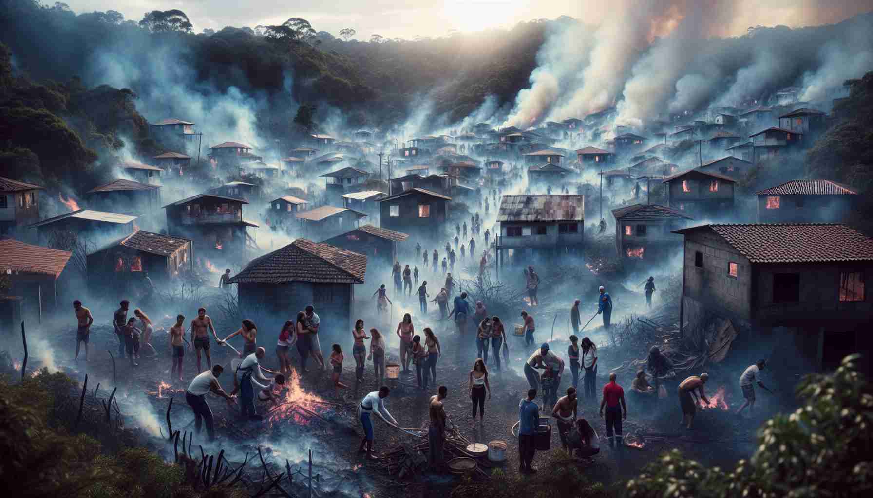 High-definition, hyper-realistic depiction of various communities facing the profound challenge of wildland fires in Brazil. The image shows a rich diversity of people, including Caucasian, Black, Hispanic, Middle-Eastern, South Asian, and White individuals, all working together with a resilience that is both admirable and heartbreaking. They are shown amid smoke-filled air, providing mutual aid and doing their best to salvage their homes and possessions. The embers of not just their buildings, but also of their former lives, float in the air around them. The scenery paints a poignant story of loss, anguish, resilience, and even unity.