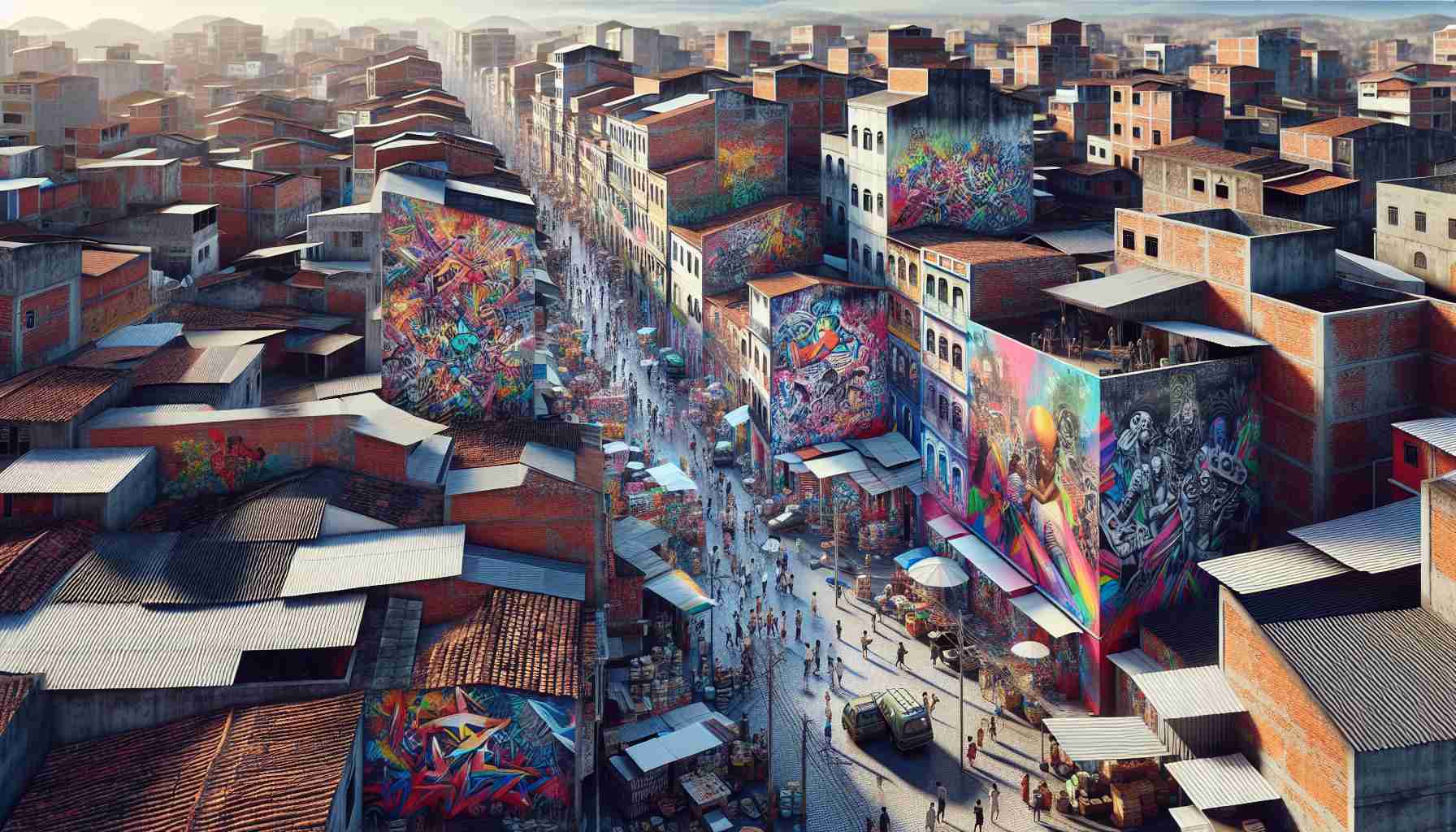 A realistic, high-definition image of an urban landscape in Brazil dramatically transformed by vibrant street art murals. The art is of various shapes, sizes, and themes. Amidst the colorful chaos, retains the urban character with old brick buildings, narrow roads, and crowded marketplace. The streets are filled with local Brazilian people of diverse descents, such as Black, White, Indigenous, and Asian individuals interacting with each other. The overall atmosphere is energetic, reflecting the pulse of Brazil's urban life.