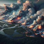 A highly detailed photo-realistic depiction of devastating fires spread across the Pantanal region, a vast wetland area characterized by an expansive landscape of waterways, forests and clouded hills. Smoke billows ominously into the sky, casting an eerie light onto the surrounding nature. Flames flicker wildly, consuming the once green and lush vegetation, while wildlife tries to escape the disaster. Please refrain from picturing any form of cruelty towards animals.