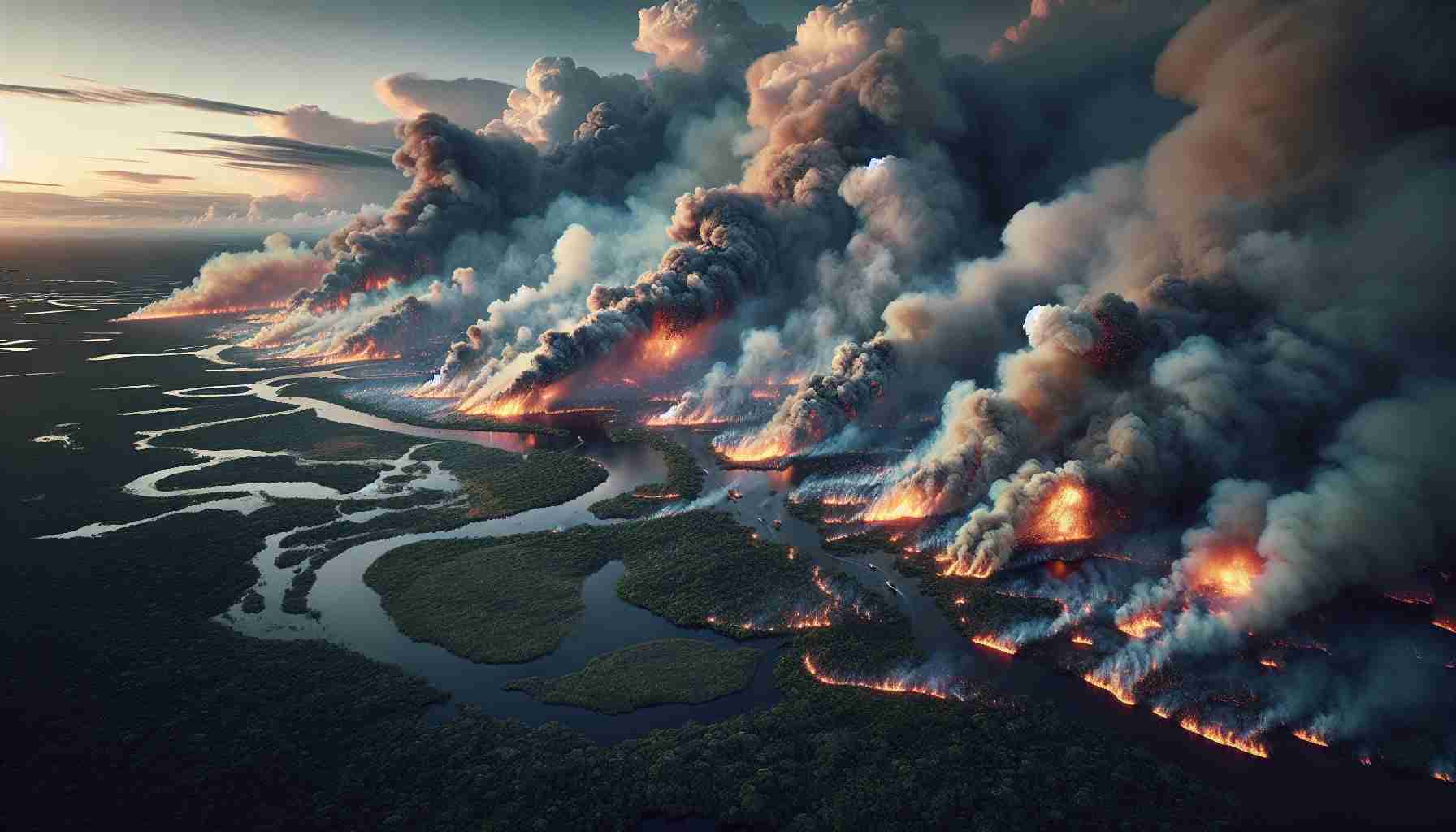 A highly detailed photo-realistic depiction of devastating fires spread across the Pantanal region, a vast wetland area characterized by an expansive landscape of waterways, forests and clouded hills. Smoke billows ominously into the sky, casting an eerie light onto the surrounding nature. Flames flicker wildly, consuming the once green and lush vegetation, while wildlife tries to escape the disaster. Please refrain from picturing any form of cruelty towards animals.