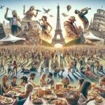 High-definition, realistic image showcasing a variety of memorable scenes from an international festival held in Paris, France. Include diverse attendees engaged in various activities such as tasting food, watching performances, dancing, and contributing to the overall festive atmosphere. Capture the essence of celebration, diversity, and unity with the iconic Eiffel Tower and other Parisian landmarks subtly integrated into the background.