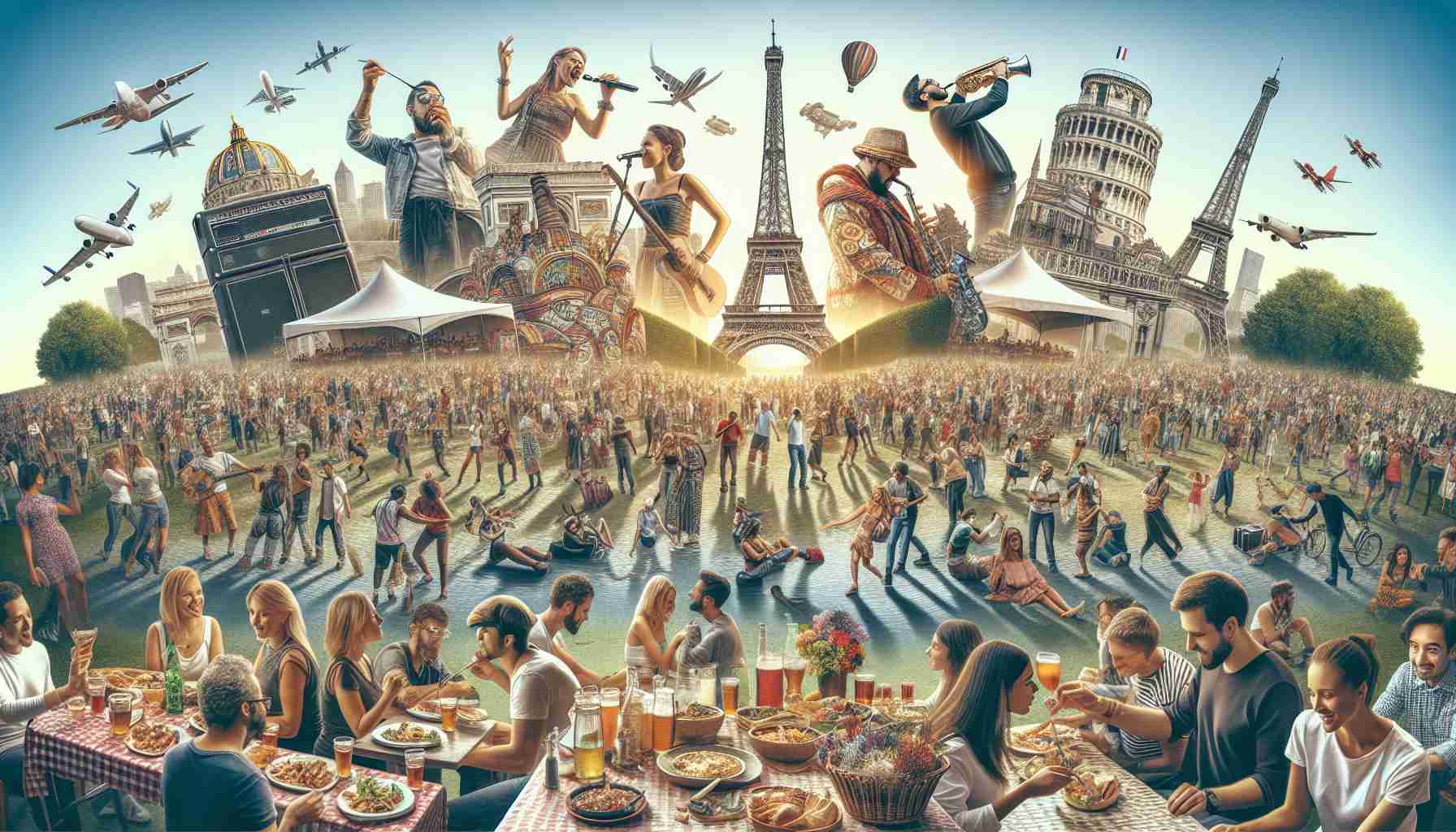 High-definition, realistic image showcasing a variety of memorable scenes from an international festival held in Paris, France. Include diverse attendees engaged in various activities such as tasting food, watching performances, dancing, and contributing to the overall festive atmosphere. Capture the essence of celebration, diversity, and unity with the iconic Eiffel Tower and other Parisian landmarks subtly integrated into the background.