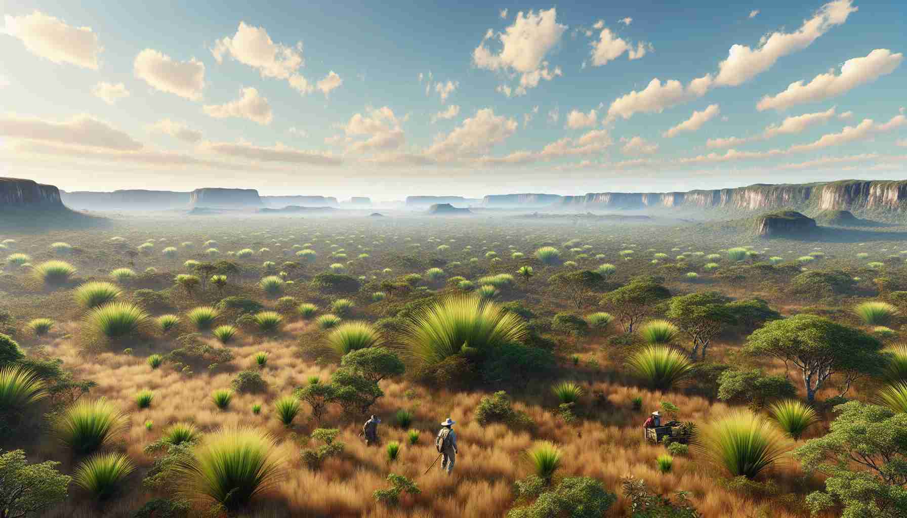 A high-definition, realistic image displaying Brazil's conservation efforts in the Cerrado Savannah. The scene should depict a wide expanse of the unique Cerrado biome with its typical flora, in clear evidence of healthy growth and prosperous condition. Clear skies above, and perhaps a few individuals in the distance, carefully tending to the plants and conducting sustainable practices to preserve the ecological wonder that the Cerrado is.