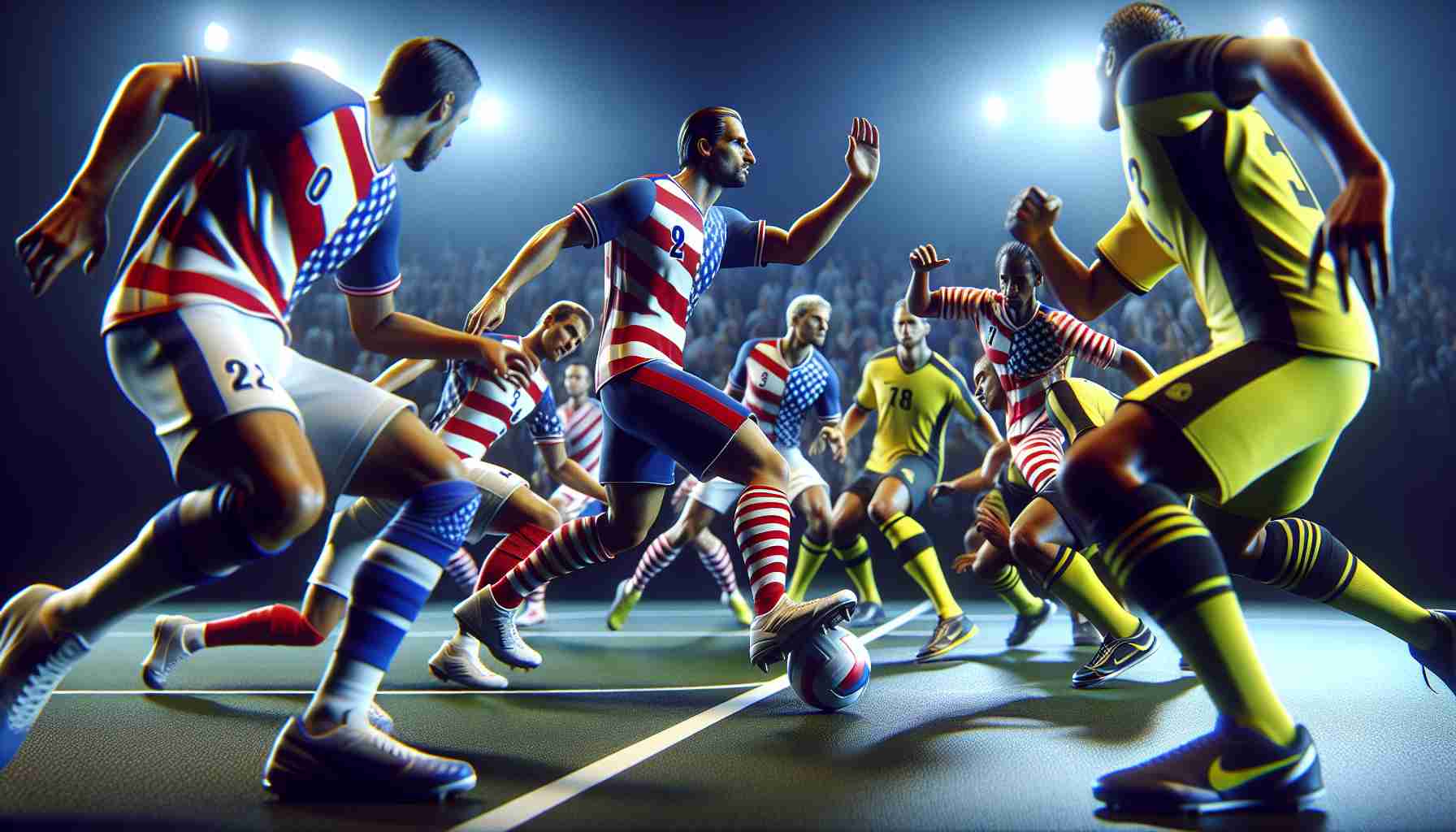 A realistic HD image featuring an intense quarterfinal match between two competitive sports teams. The athletes are clad in a variety of jerseys, one set in the distinct patriotic colors of red, white, and blue symbolizing Team 'A', and the other set in a bright eye-catching yellow symbolizing Team 'B'. The scene brims with action, with Team 'A' demonstrating remarkable teamwork and skill, gaining dominance during the game.