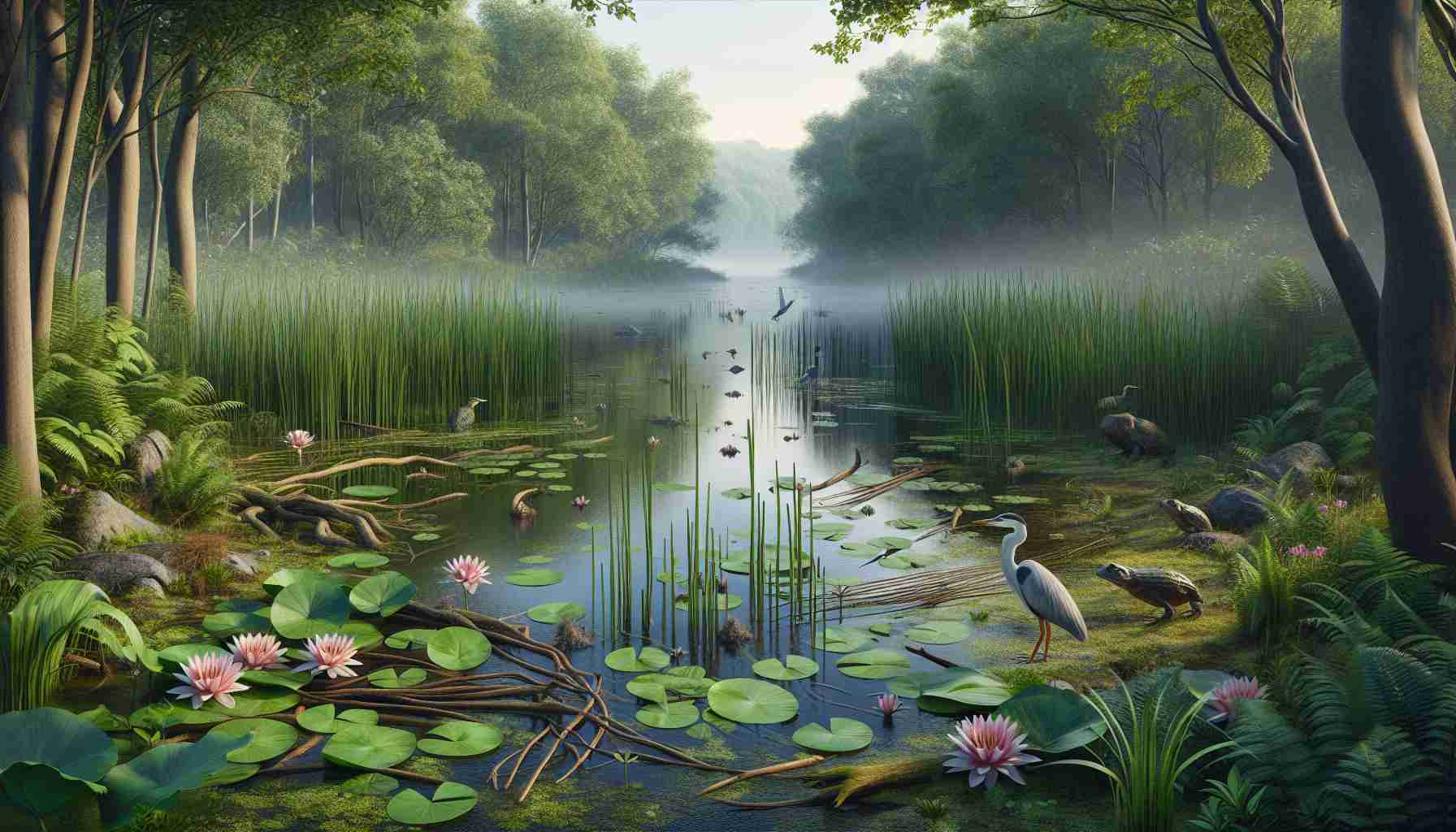 Create a realistic, high-definition image of a vital wetland ecosystem under threat. The scene should display the richness of the ecosystem, with diverse plants and wildlife such as reeds, water lilies, herons, and frogs. Additionally, include subtle signs of environmental concerns, like declining water levels, weakened vegetation, or pollution traces.