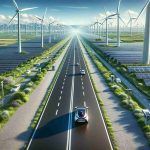 A high-definition, realistic image representing the concept of 'Driving Towards a Sustainable Future'. Picture a broad, paved road that leads into an infinite horizon, lined by various types of renewable energy resources. To the sides, see grand wind turbines spinning gently in the breeze, and fields of solar panels basking in the sunlight. An electric car cruises down this road, leaving behind no exhaust fumes, exemplifying a cleaner mode of transportation. The landscape is vibrant and healthy, with clear blue skies and greenery, symbolizing a future where human activities coexist harmoniously with nature.