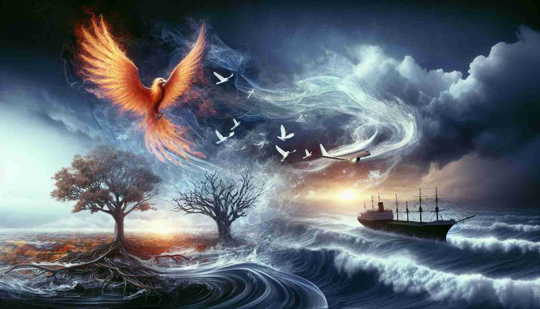 Generate a high-definition, realistic image depicting the concept of Remembering Courage: Resilience Shines Through tragic Air Incident. Visualize several elements that metaphorically reflect resilience, such as a phoenix flying out from ashes, strong oak trees standing firm in a storm, or a solitary ship weathering a tumultuous sea. Include an ephemeral, ghostly airplane in the background to represent the tragic event subtly.