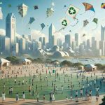 Realistic HD image of a multitude of diverse individuals engaging in kite flying in various urban landscapes. The kites are eco-friendly and made from sustainable materials, underscored by a tessellation of recyclable symbols on their surfaces. The city backdrop should include modern and traditional architectural structures with clear skies above. The scene should reflect multi-generational participation, with children, adults, and the elderly all taking part in the activity. It should also depict a general sense of community and environmental responsibility.