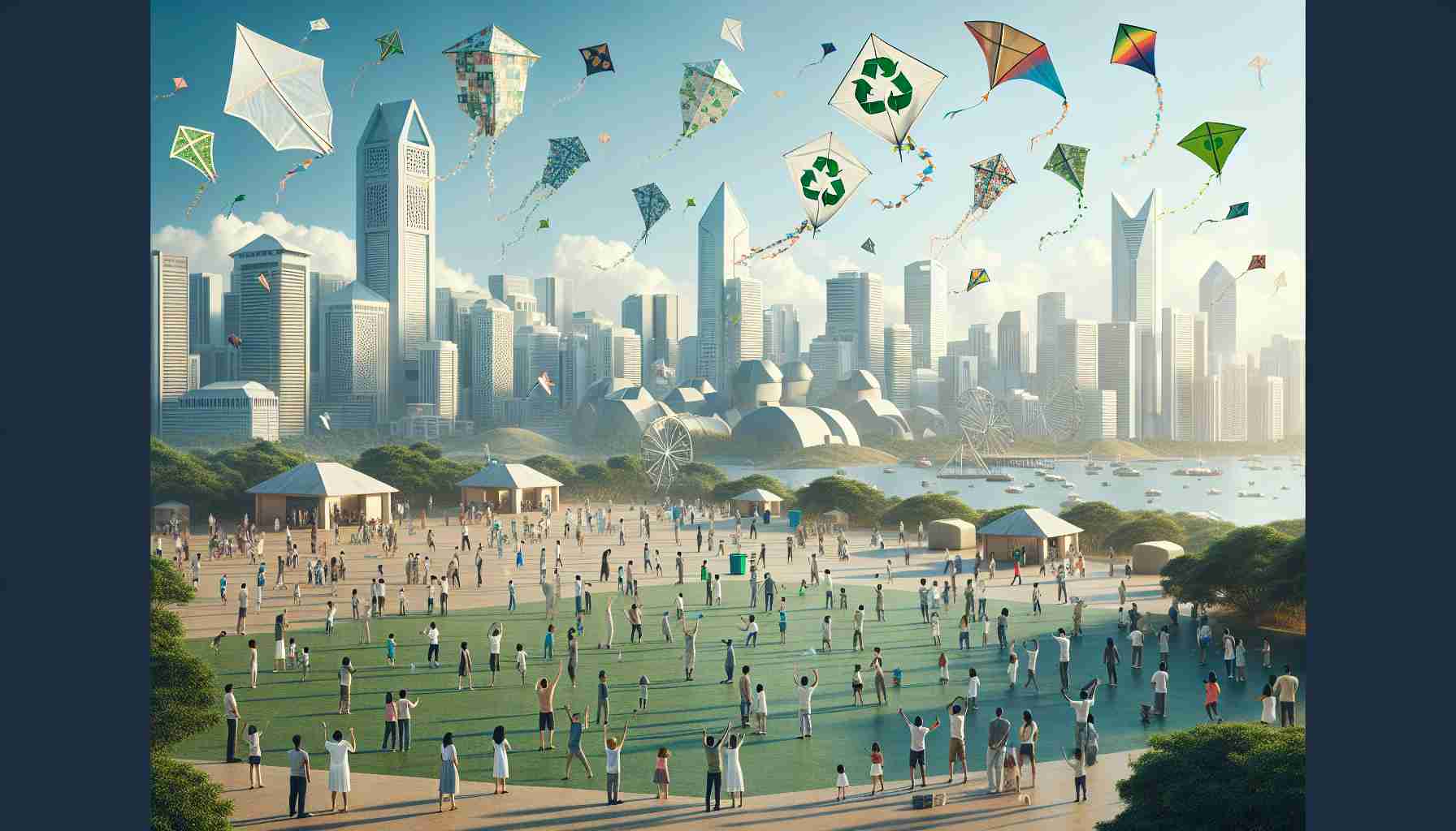 Realistic HD image of a multitude of diverse individuals engaging in kite flying in various urban landscapes. The kites are eco-friendly and made from sustainable materials, underscored by a tessellation of recyclable symbols on their surfaces. The city backdrop should include modern and traditional architectural structures with clear skies above. The scene should reflect multi-generational participation, with children, adults, and the elderly all taking part in the activity. It should also depict a general sense of community and environmental responsibility.