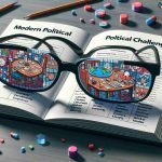 Visual representation of modern political challenges from different perspectives. Depict a table where a book titled 'Modern Political Challenges' is open. Include illustrations within the book representing topics like climate change, income inequality, cyber security, and global health. On top of the book, place eyeglasses that symbolize different perspectives. Show all these elements in a realistic HD quality.