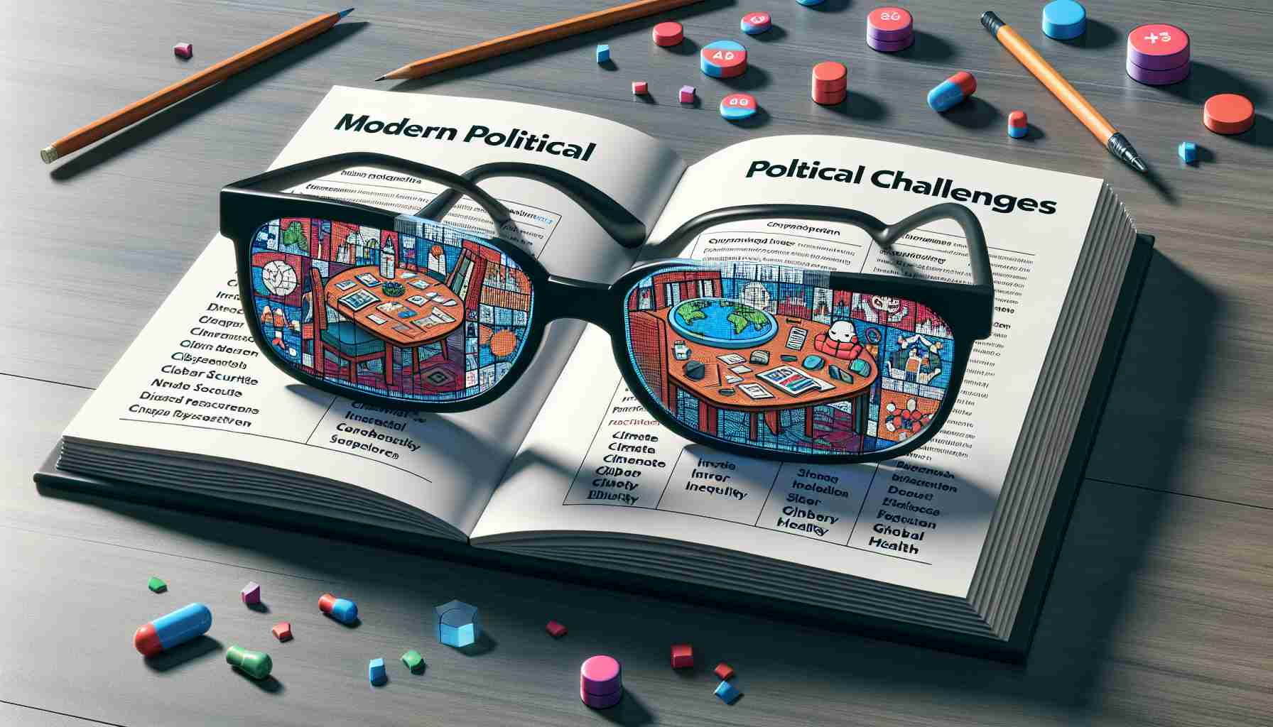 Visual representation of modern political challenges from different perspectives. Depict a table where a book titled 'Modern Political Challenges' is open. Include illustrations within the book representing topics like climate change, income inequality, cyber security, and global health. On top of the book, place eyeglasses that symbolize different perspectives. Show all these elements in a realistic HD quality.