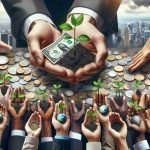 Create a realistic and high-quality image that metaphorically showcases wealth redistribution for a sustainable future. The image may include hands of a diverse set of people from Caucasian, Hispanic, Black, Middle-Eastern, and South Asian descents, passing forward coins or banknotes that are sprouting tiny green plants or trees. Some people can be depicted as business professionals and others as common workers. The background can be a blend of urban and natural landscapes, symbolizing the struggle between development and nature conservation.