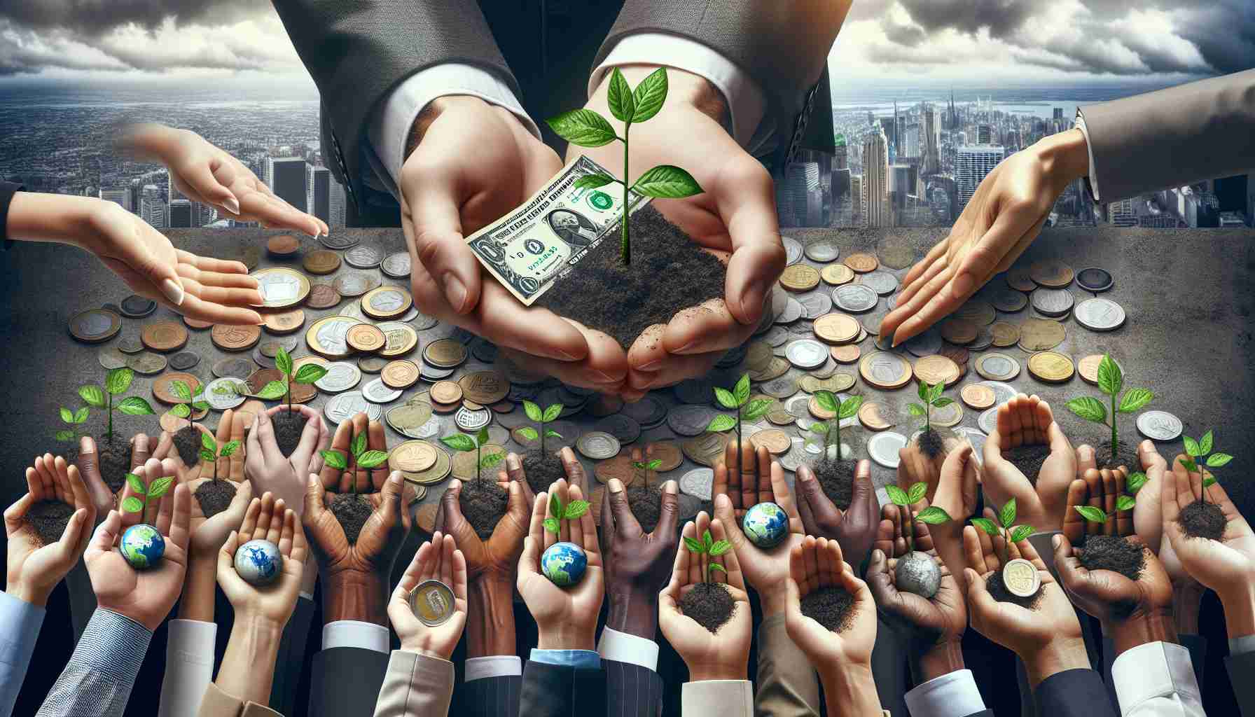 Create a realistic and high-quality image that metaphorically showcases wealth redistribution for a sustainable future. The image may include hands of a diverse set of people from Caucasian, Hispanic, Black, Middle-Eastern, and South Asian descents, passing forward coins or banknotes that are sprouting tiny green plants or trees. Some people can be depicted as business professionals and others as common workers. The background can be a blend of urban and natural landscapes, symbolizing the struggle between development and nature conservation.