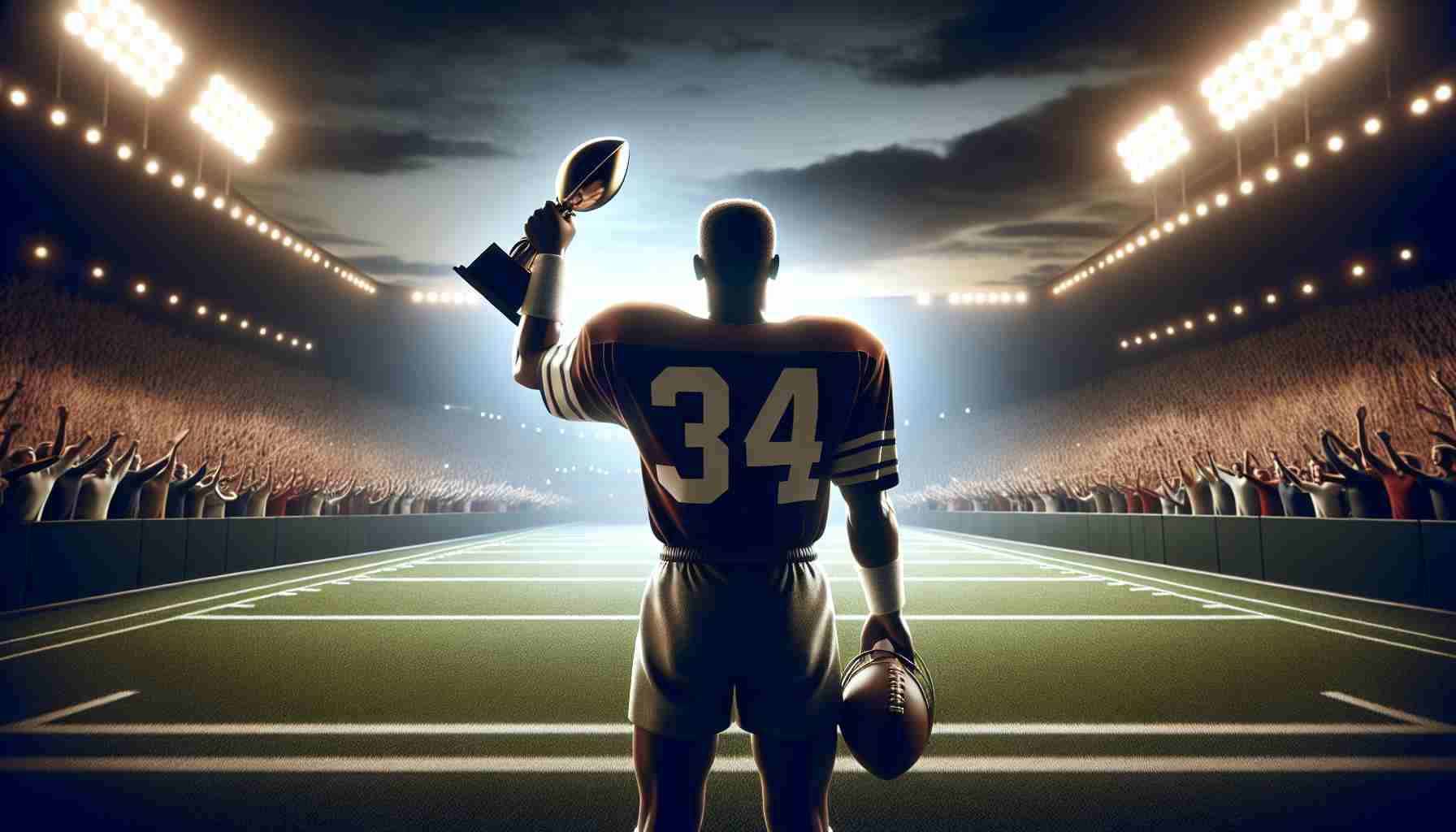 Generate a realistic, high-definition image that symbolizes the enduring legacy of a talented, unnamed sportsperson. The scene should capture the spirit of athleticism, achievement, and inspiration. Perhaps depict a silhouette against the backdrop of a stadium filled with cheers, the iconic number on a jersey, or a trophy held high as a symbol of victory. The exact sport is open to interpretation, be it football, basketball, baseball, or any other. The athlete should remain anonymous, holding on to the universal charm of the sporting world.