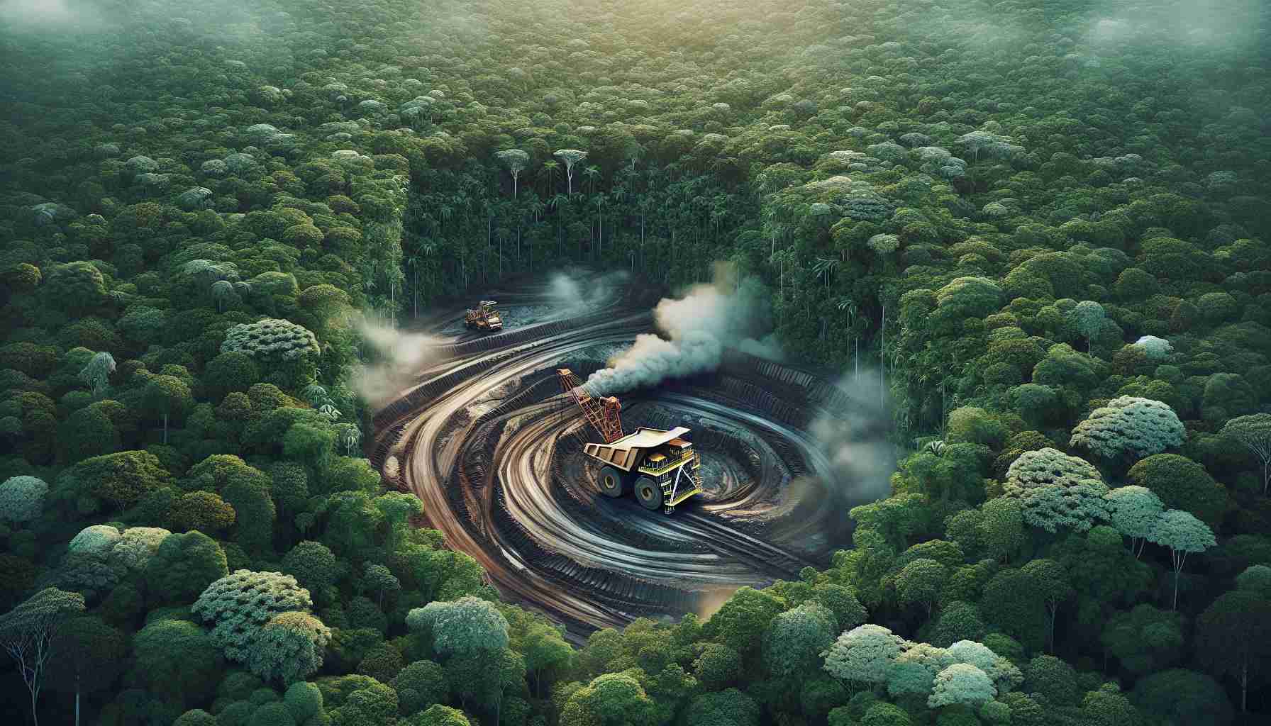 Realistic high-definition image displaying the effects of unauthorized mining, shown as an intrusion in the lush expanses of the Amazon Rainforest. The picture should depict the dense foliage of the forest being disrupted by metallic machinery, symbolizing threat to indigenous lands. Hint at the disparities between the natural beauty and the man-made destruction.