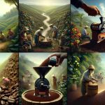 A high definition, realistic depiction of the journey of coffee beans. The image begins with a scene of a lush coffee plantation, where coffee beans are being carefully picked by workers of mixed descents and genders. Transition to the next phase where the coffee beans are undergoing various stages of roasting in a traditional coffee roaster. Then, show the grinding of the coffee beans in a classic manual grinder, producing a fragrant pile of coffee grounds. Finally, end with a shot of a delightful cup of coffee being poured, completing the journey of coffee beans.