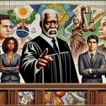 A mosaic image of a courtroom scene. A stern, middle-aged Black male judge in traditional legal robes standing at the bench, wagging his finger as he issues a stern warning. To the side, there are representatives of a social media company, a mixed group of professionals, a South Asian woman and a Hispanic man, both in formal business attire, looking concerned. This scene should provide the sense of a tense legal dispute happening. The background should include elements of the court's architecture and emblematic symbols of Brazil, to signify the country's unique justice system.