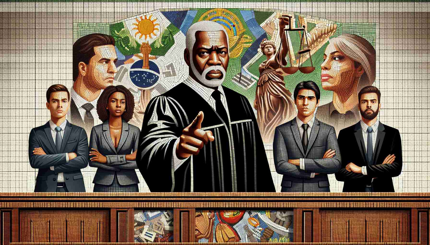 A mosaic image of a courtroom scene. A stern, middle-aged Black male judge in traditional legal robes standing at the bench, wagging his finger as he issues a stern warning. To the side, there are representatives of a social media company, a mixed group of professionals, a South Asian woman and a Hispanic man, both in formal business attire, looking concerned. This scene should provide the sense of a tense legal dispute happening. The background should include elements of the court's architecture and emblematic symbols of Brazil, to signify the country's unique justice system.