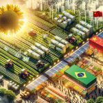 Generate a detailed, high-definition image showcasing sustainable agricultural innovations that are enhancing the economic ties between Brazil and China. The image should include a sunlit, lush Brazilian farm utilizing modern, eco-friendly technologies side by side with an imagery of bustling Chinese market populated with stalls offering Brazil's exotic agricultural produce. Display the concept of trade with elements like miniature silhouettes of cargo ships, boxes labelled 'sustainable produce,' and currencies of both nations. However, the main focus must be on the sustainable practices in agriculture that bridge these two powerful nations together.