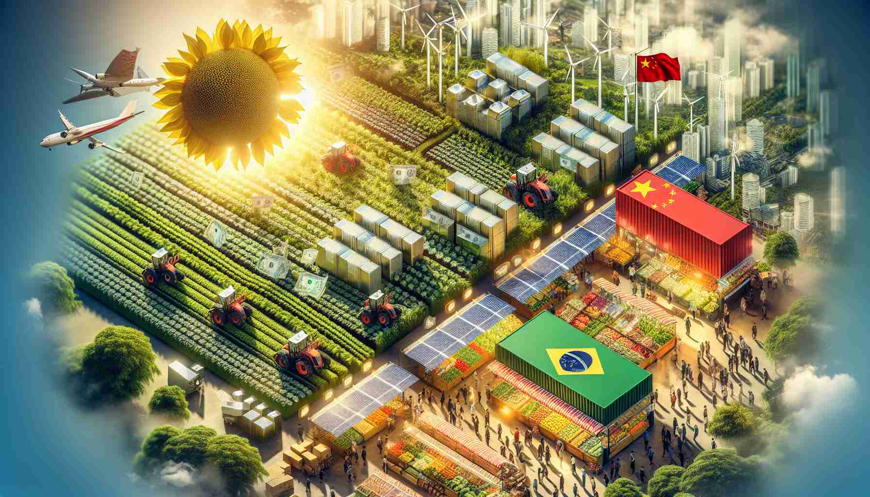 Generate a detailed, high-definition image showcasing sustainable agricultural innovations that are enhancing the economic ties between Brazil and China. The image should include a sunlit, lush Brazilian farm utilizing modern, eco-friendly technologies side by side with an imagery of bustling Chinese market populated with stalls offering Brazil's exotic agricultural produce. Display the concept of trade with elements like miniature silhouettes of cargo ships, boxes labelled 'sustainable produce,' and currencies of both nations. However, the main focus must be on the sustainable practices in agriculture that bridge these two powerful nations together.