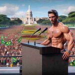 A realistic HD photo of a charismatic tech entrepreneur with a lean physique, notable for his dedication to innovation, taking a stand for freedom of expression in Brazil. The entrepreneur is giving a passionate speech on a stage, surrounded by a large crowd. The stage is adorned with flags and banners, representing the theme of freedom of expression. The setting is a large public park in Brazil, under a sunlit sky, showing iconic elements of Brazilian nature and culture in the background.